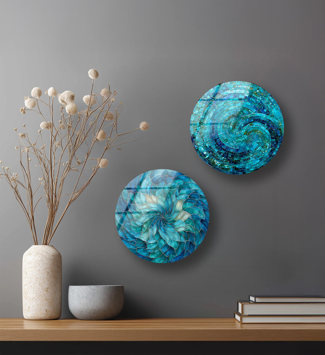 Tranquil Reflections Trio – Blue Mosaic & Buddha Round Glass Wall Art Set