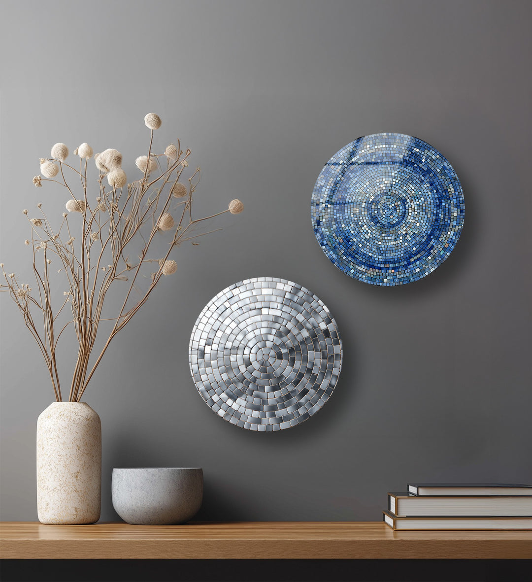 Radiant Reflections Trio – Gold & Silver Mosaic Round Glass Wall Art Set