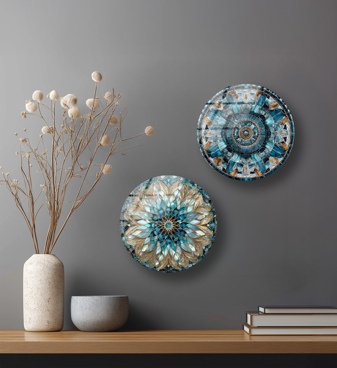 Golden Harmony Trio – Abstract Mosaic Round Glass Wall Art Set