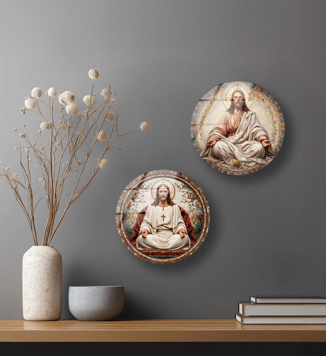 Sacred Grace Collection – Jesus Christ Mosaic Round Glass Wall Art Set