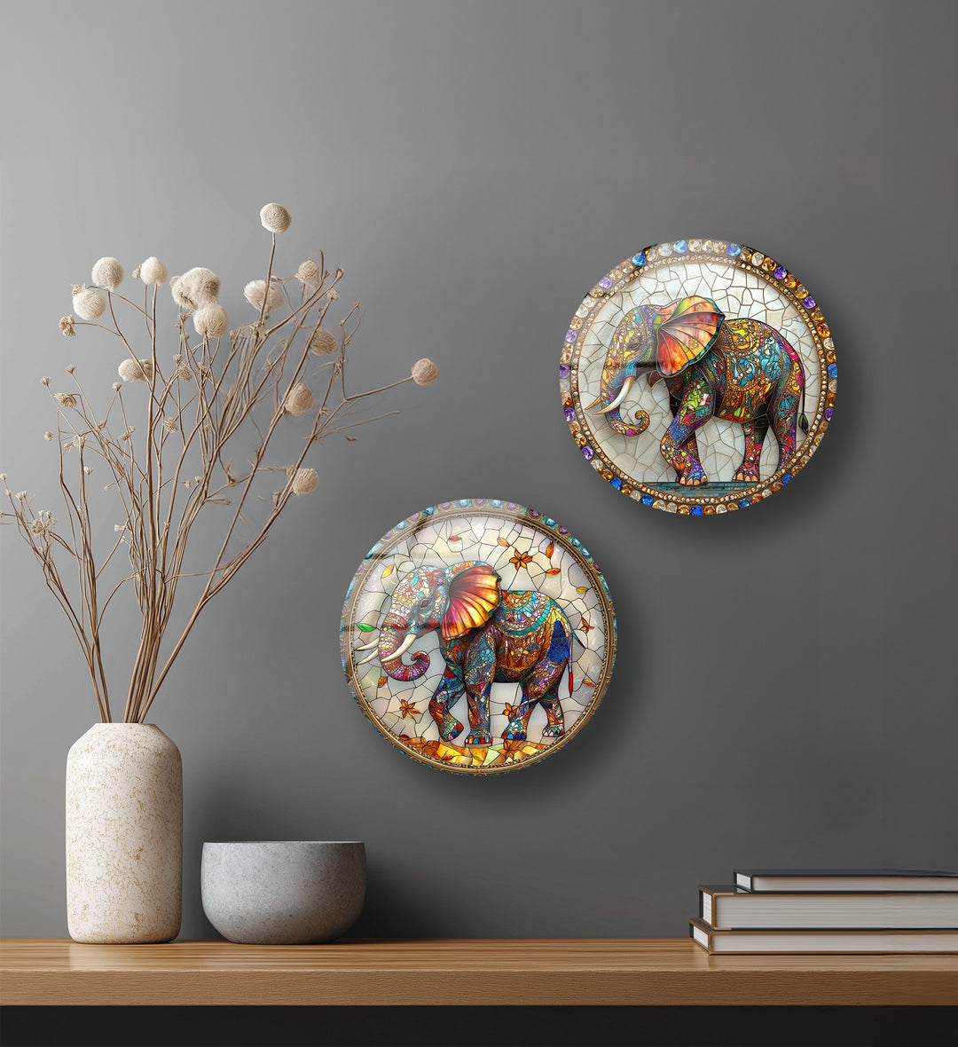 Eternal Wisdom Trio – Elephant & Tree of Life Round Glass Wall Art Set