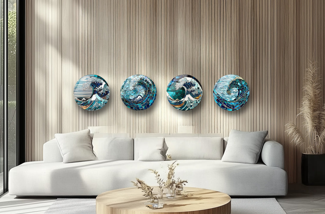 Oceanic Waves – Mosaic Sea-Inspired Round Glass Wall Art Set