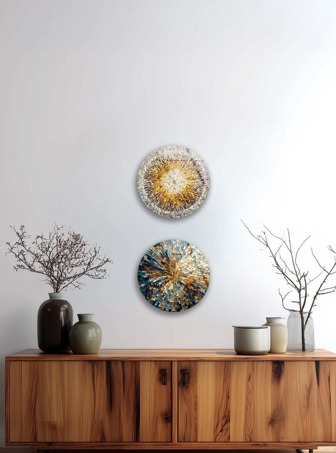 Golden Radiance Quartet – Sunburst Mosaic Round Glass Wall Art Set