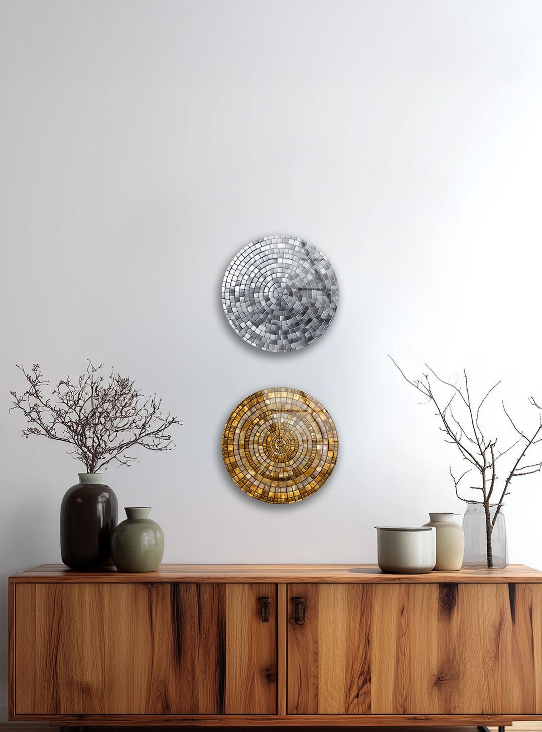 Radiant Reflections Trio – Gold & Silver Mosaic Round Glass Wall Art Set