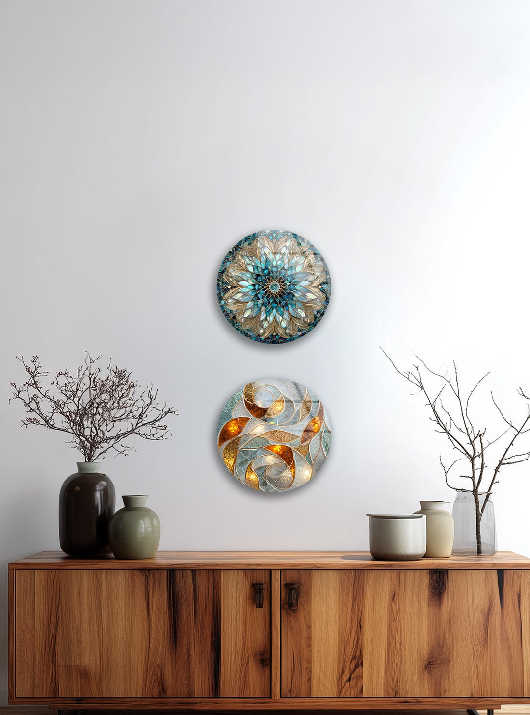 Golden Harmony Trio – Abstract Mosaic Round Glass Wall Art Set