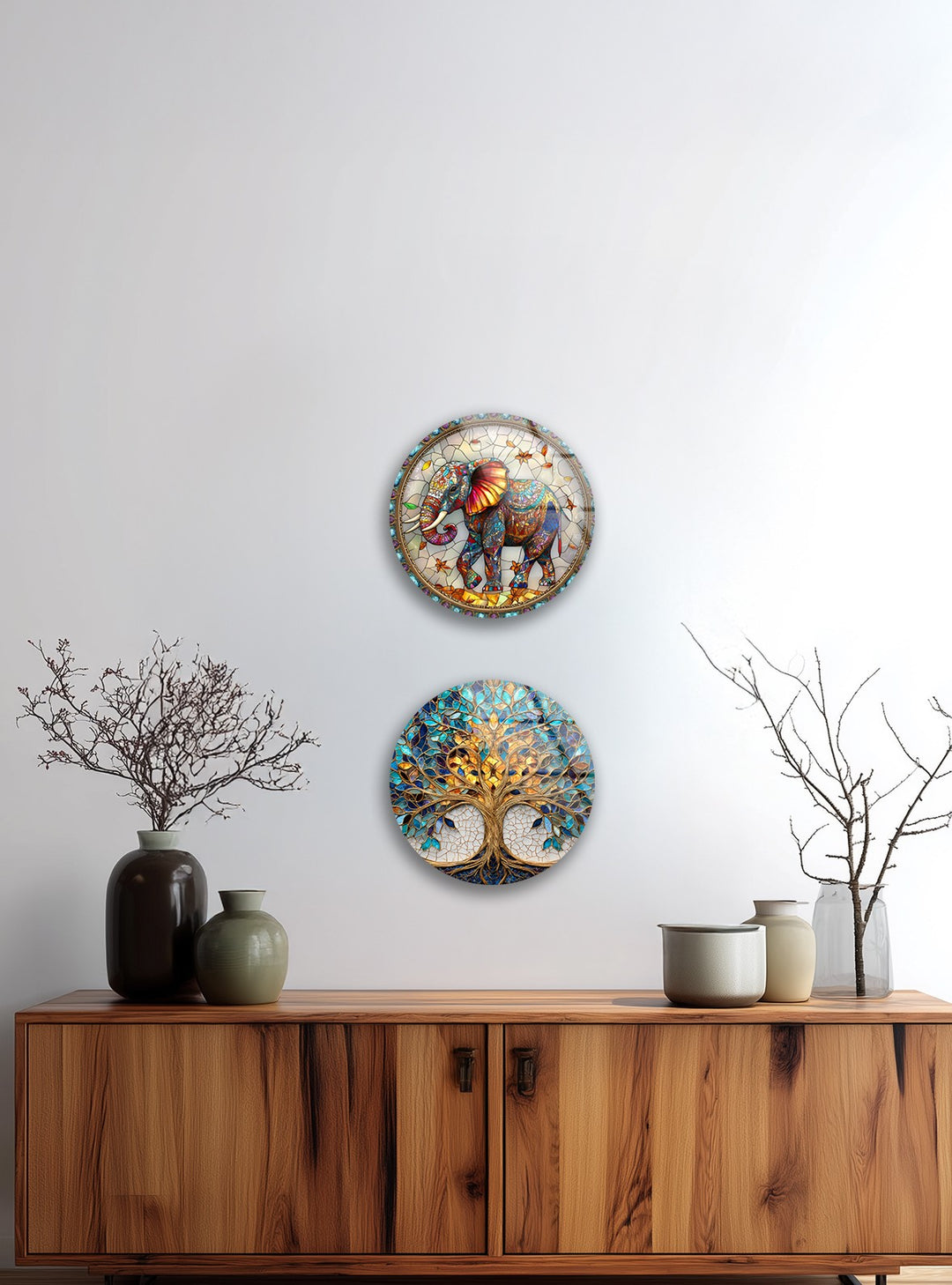 Eternal Wisdom Trio – Elephant & Tree of Life Round Glass Wall Art Set