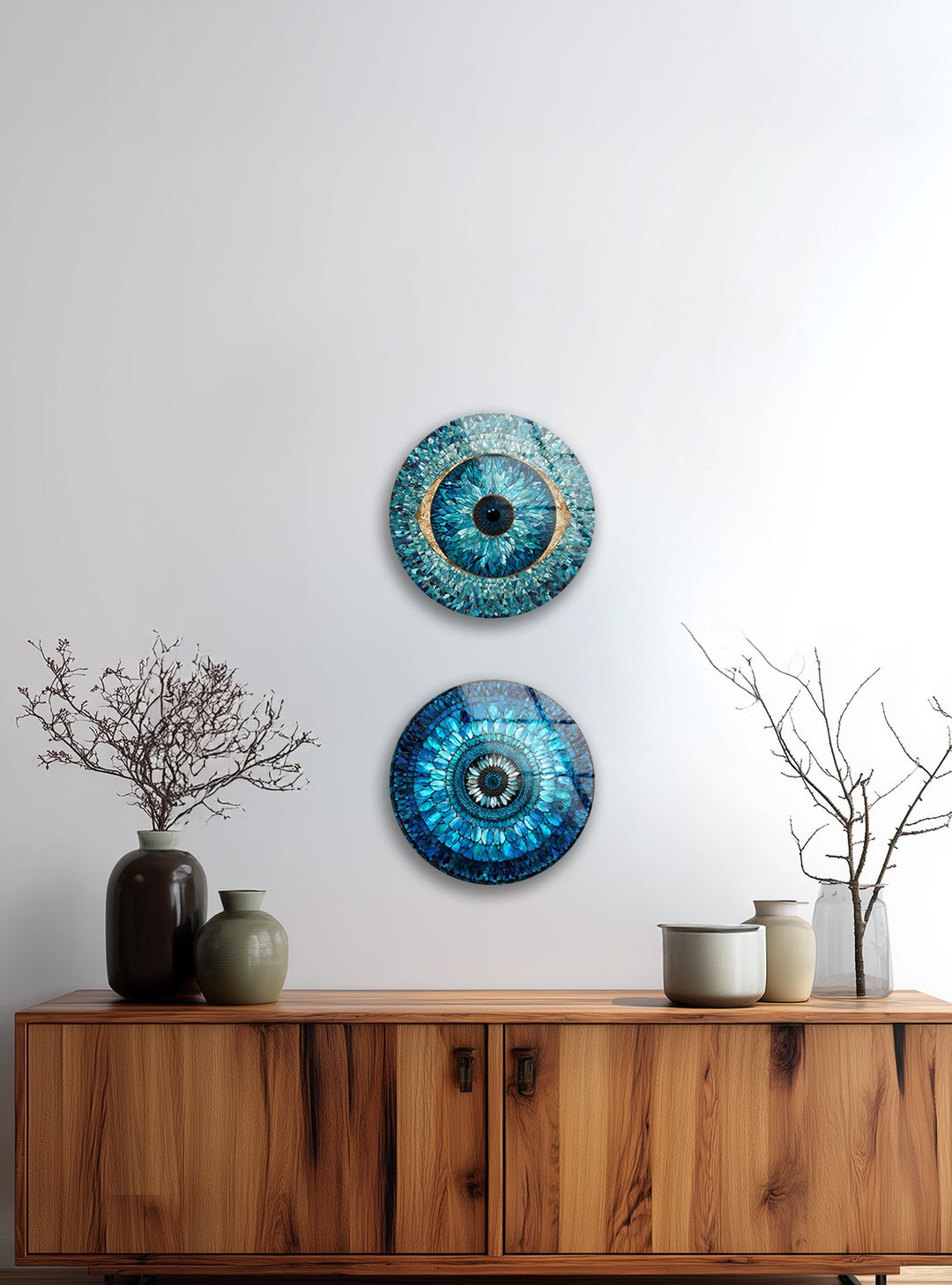 Blue Mosaic Protection Trio – Evil Eye Round Glass Wall Art Set
