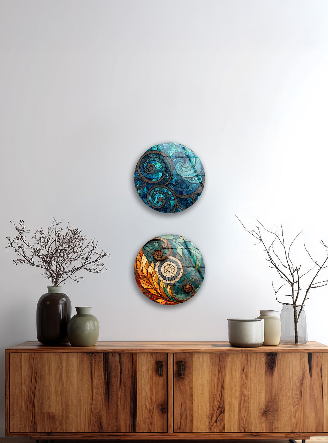 Ocean Harmony Quartet – Abstract Swirl Mosaic Round Glass Wall Art Set