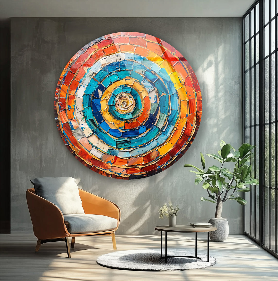 Radiant Vortex – Abstract Circular Mosaic Round Glass Wall Art