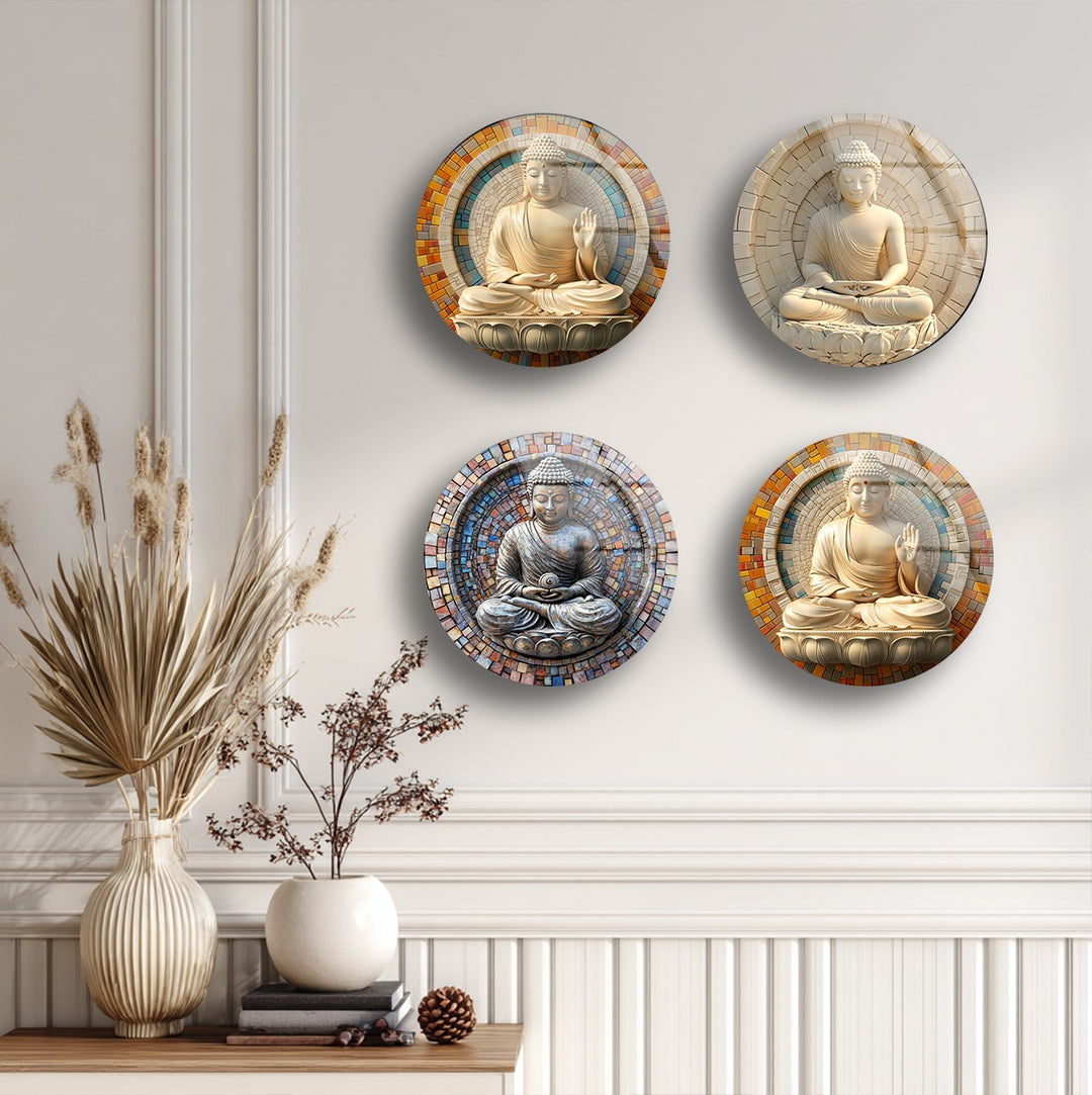 Tranquil Enlightenment – Buddha Mosaic Round Glass Wall Art Set
