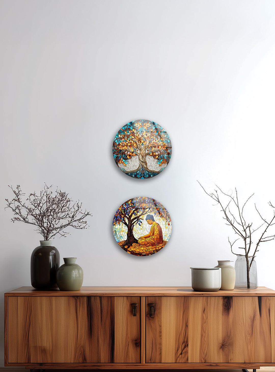 Golden Harmony Trees – Round Glass Wall Art Set
