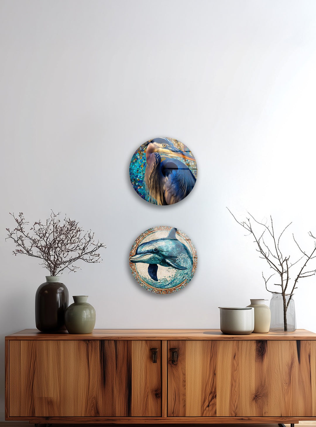 Oceanic Harmony Trio – Dolphin & Heron Mosaic Round Glass Wall Art Set