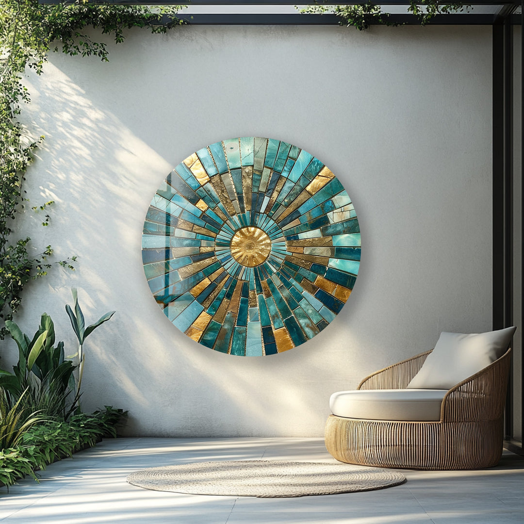 Golden Horizon – Turquoise Mosaic Round Glass Wall Art