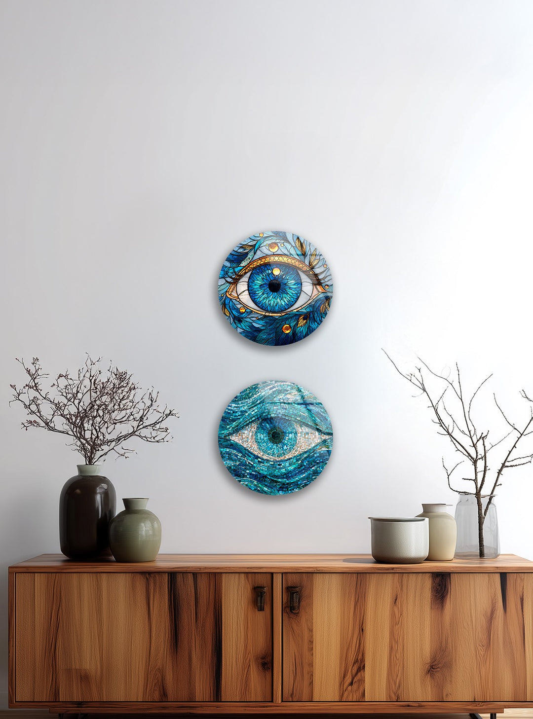Mystic Vision Trio – Blue Evil Eye Mosaic Round Glass Wall Art Set