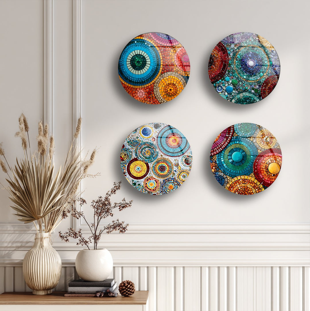 Radiant Mosaic Circles – Colorful Abstract Round Glass Wall Art Set