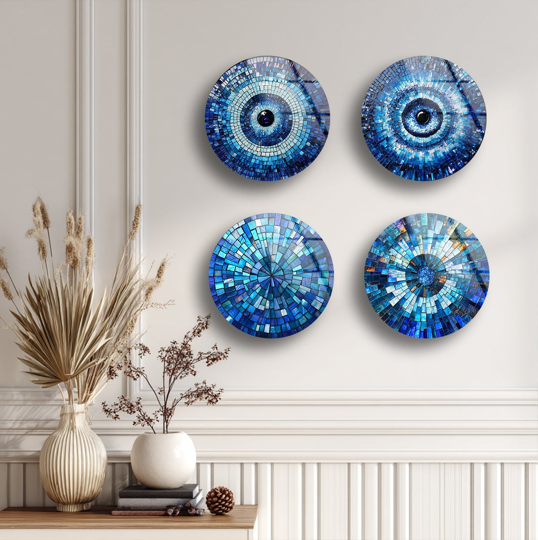 Blue Mosaic Harmony – Evil Eye Inspired Round Glass Wall Art Set