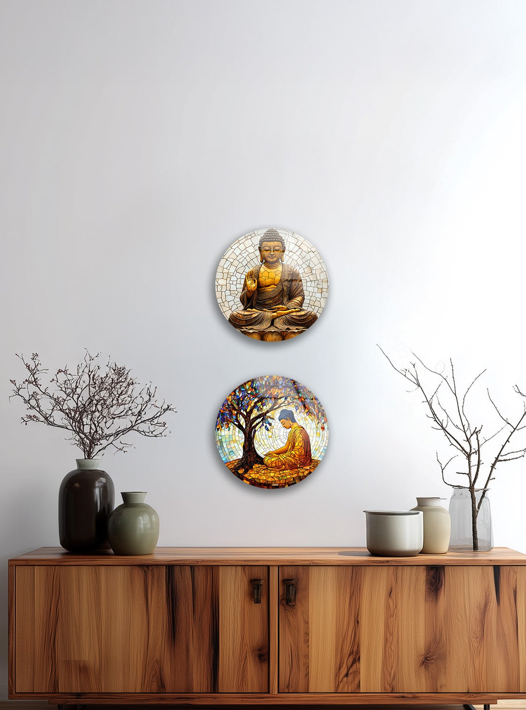 Serene Enlightenment Set – Buddha Mosaic Round Glass Wall Art Collection