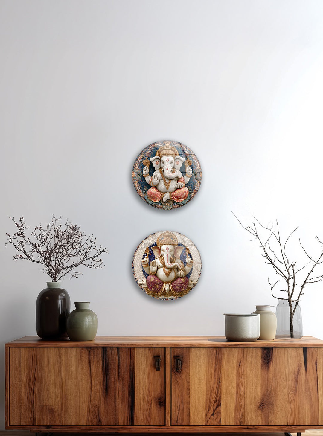 Divine Prosperity Trio – Lord Ganesha Round Glass Wall Art Set