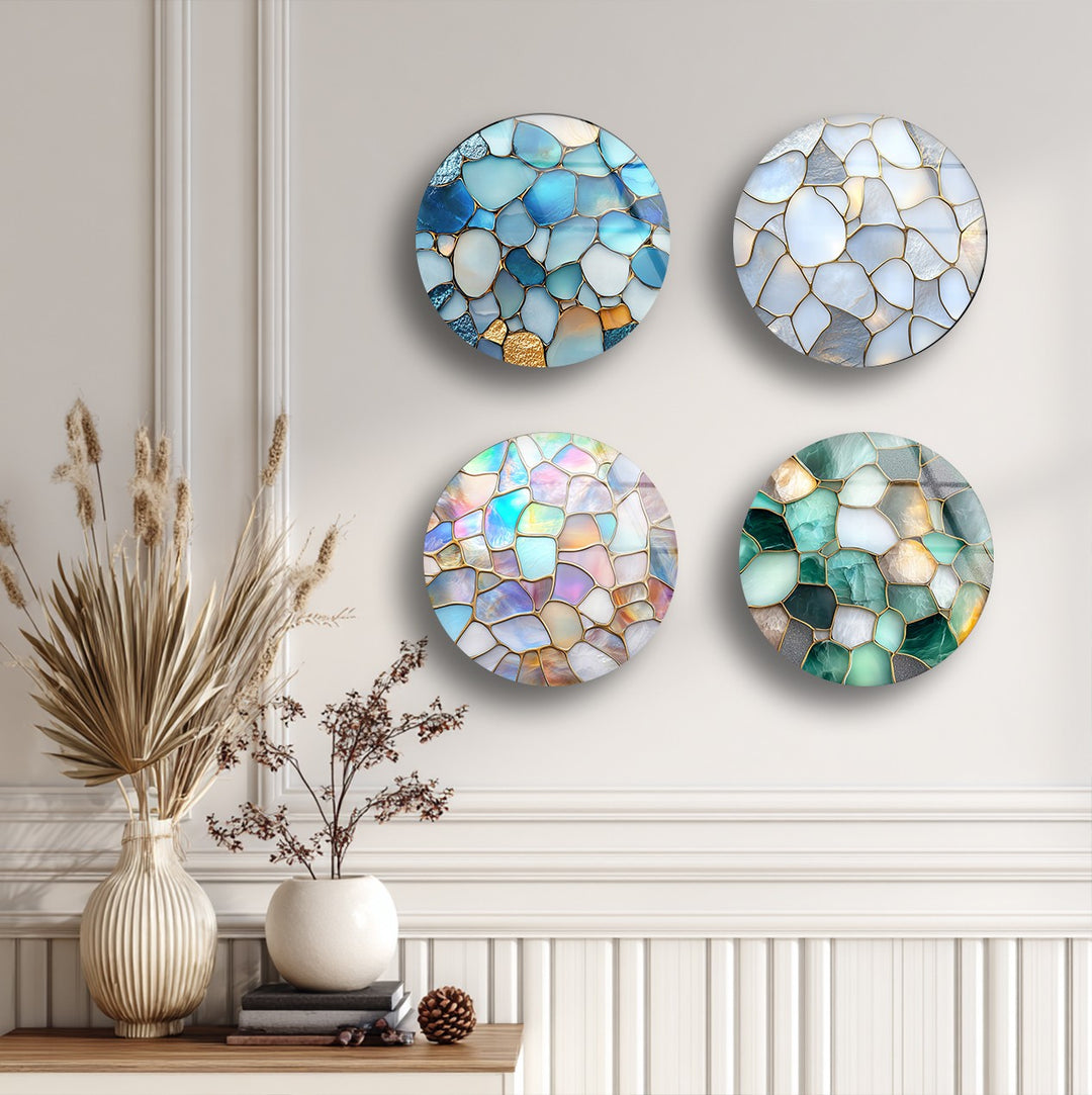 Serene Glow – Ocean Pebble Mosaic Round Glass Wall Art Set