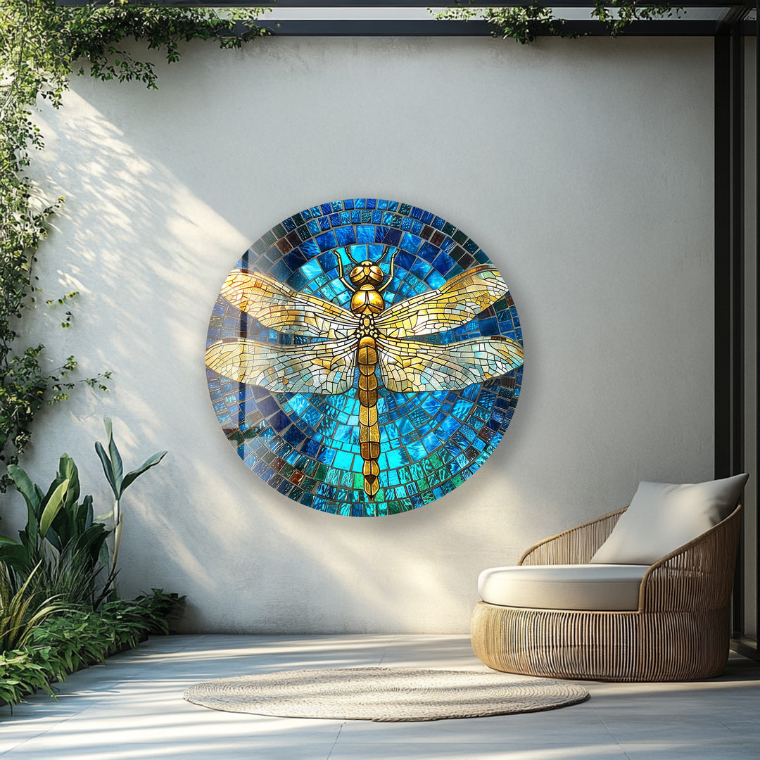 Golden Serenity – Dragonfly Mosaic Round Glass Wall Art
