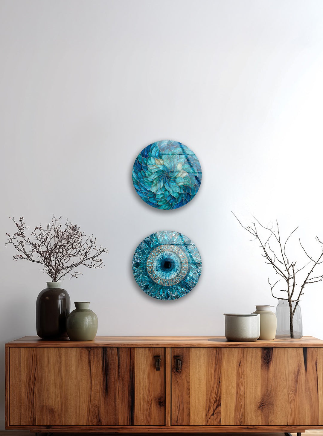 Tranquil Reflections Trio – Blue Mosaic & Buddha Round Glass Wall Art Set