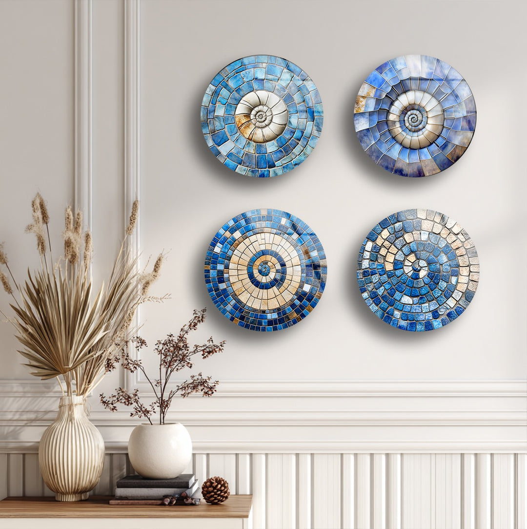 Azure Spiral Harmony – Blue Mosaic Round Glass Wall Art Set