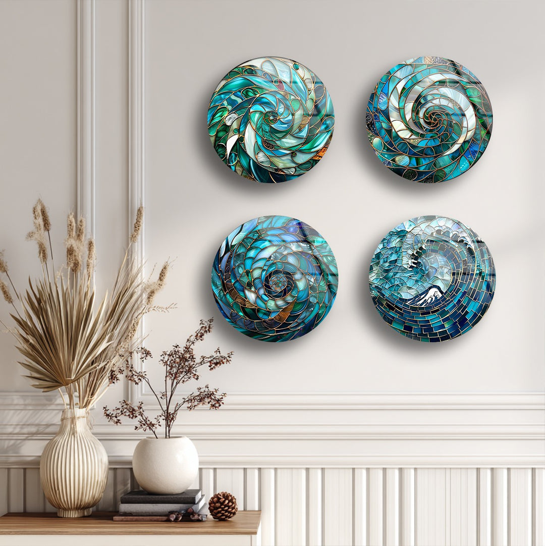 Aqua Spiral Essence – Abstract Ocean Mosaic Round Glass Wall Art Set