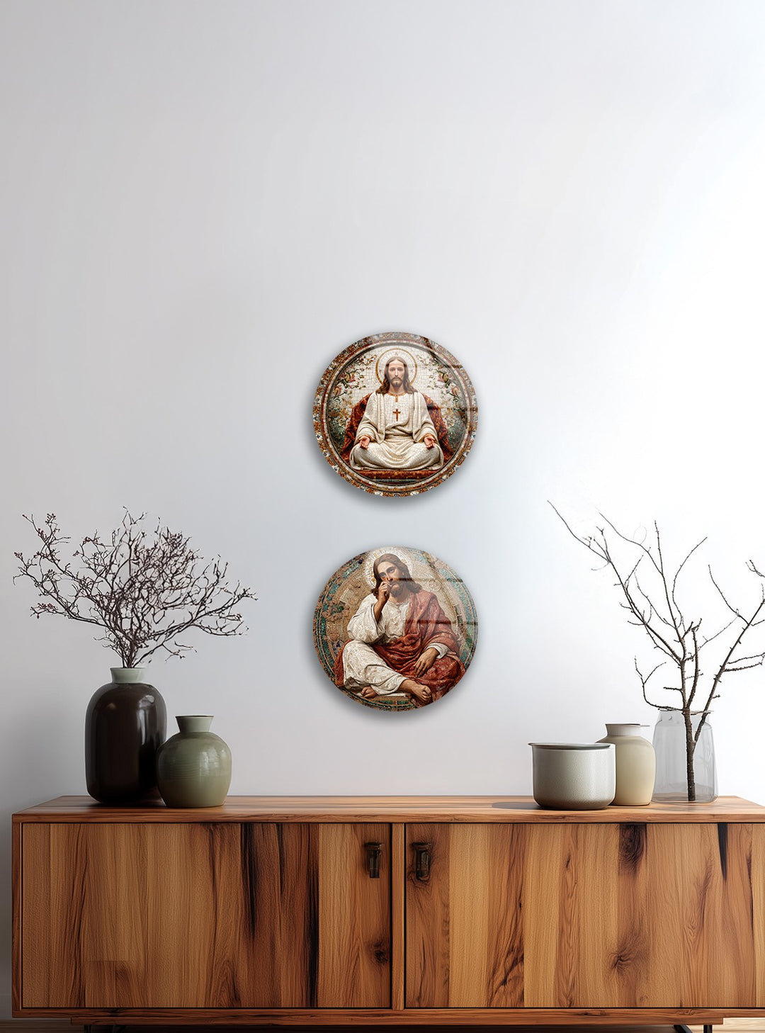 Sacred Grace Collection – Jesus Christ Mosaic Round Glass Wall Art Set