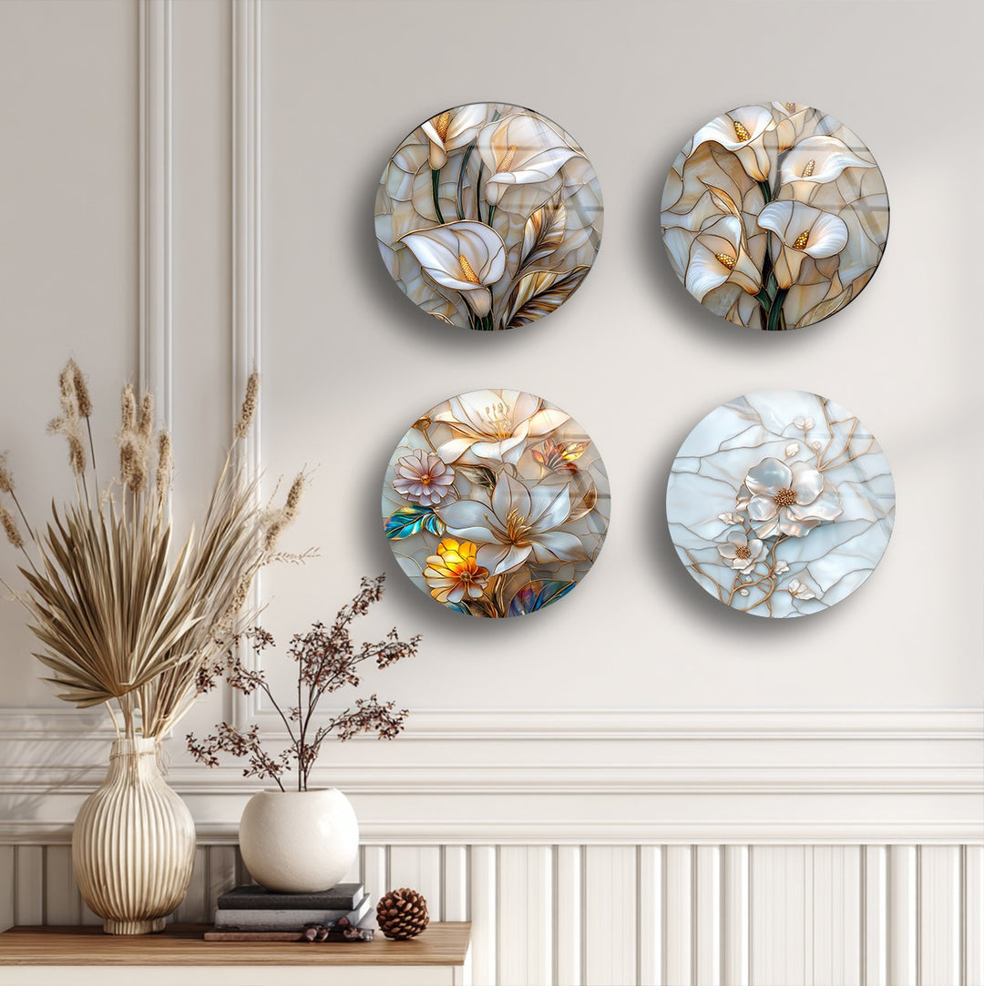 Golden Blossom Harmony – Elegant Floral Round Glass Wall Art Set