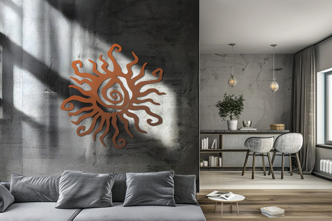 Abstract Sun Metal Wall Art – Bohemian Spiral Sunburst Decor