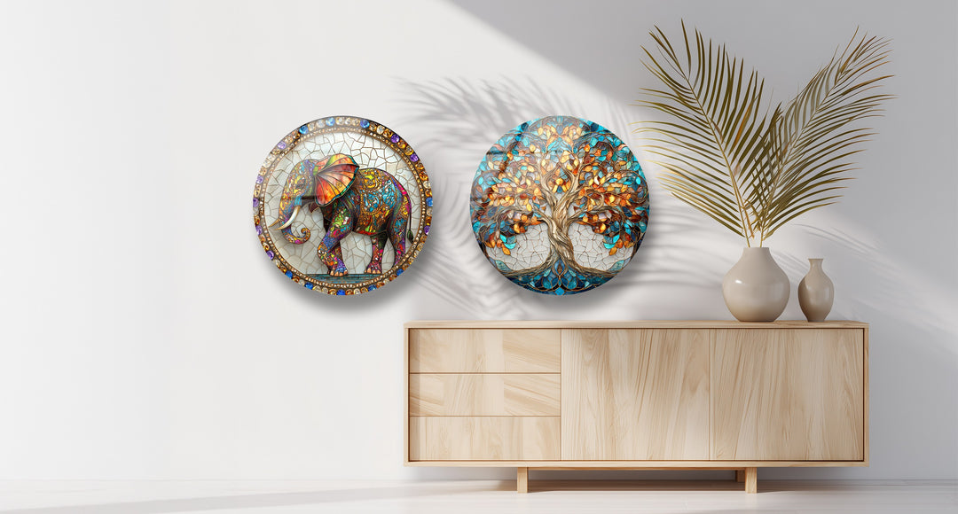 Eternal Wisdom Trio – Elephant & Tree of Life Round Glass Wall Art Set
