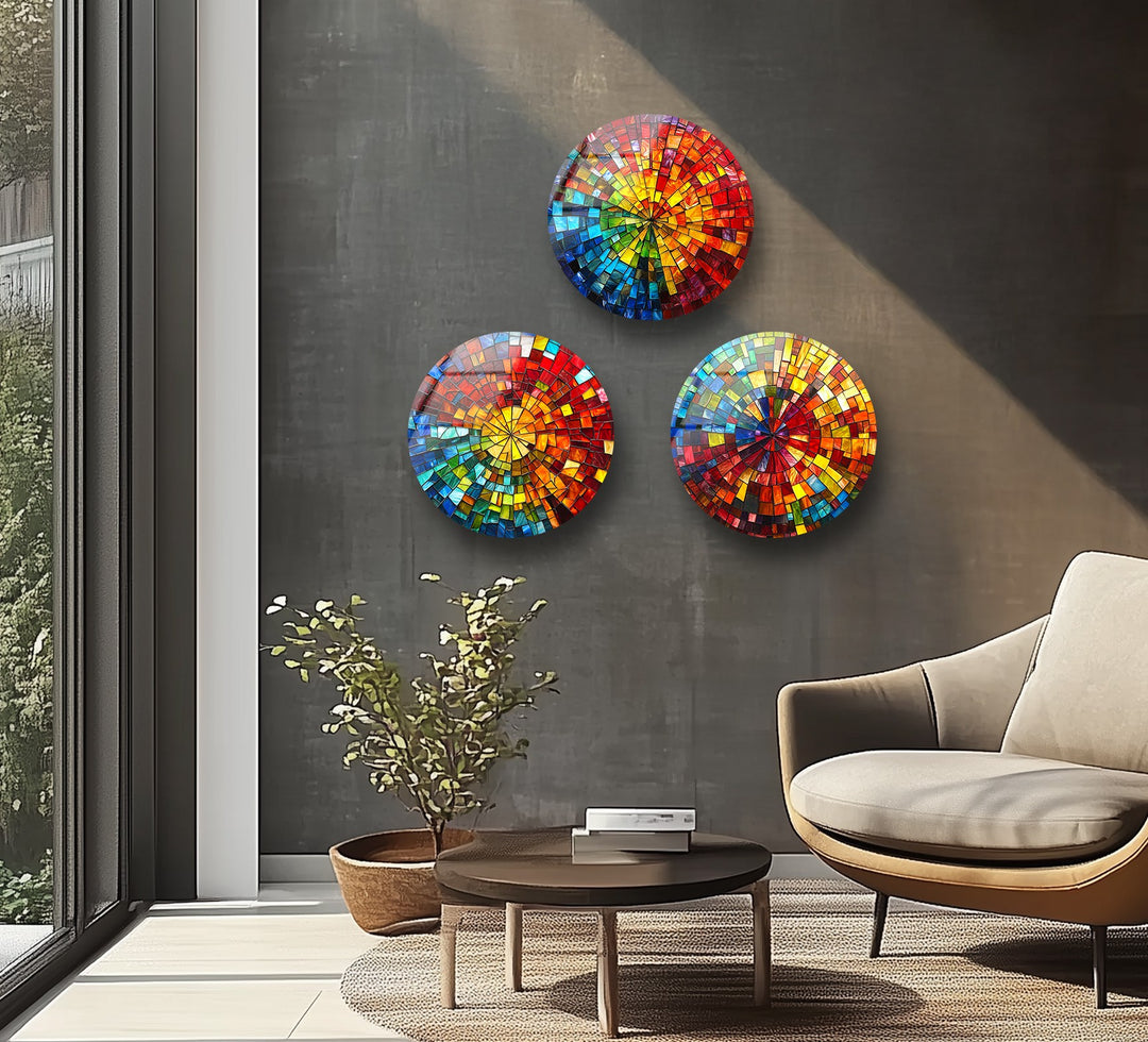 Radiant Spectrum – Color Burst Mosaic Round Glass Wall Art Set