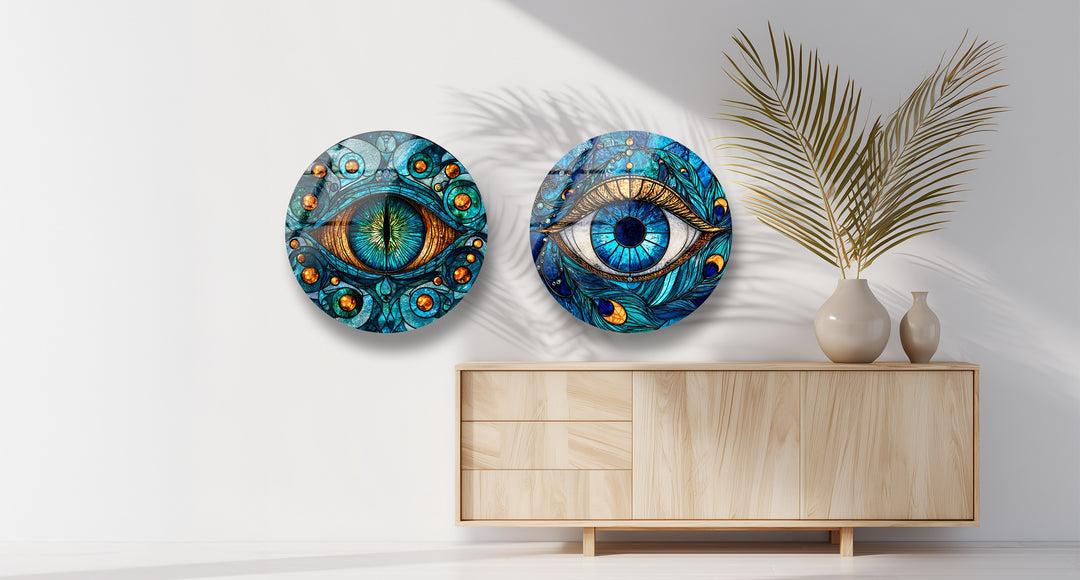 Mystic Vision Trio – Blue Evil Eye Mosaic Round Glass Wall Art Set