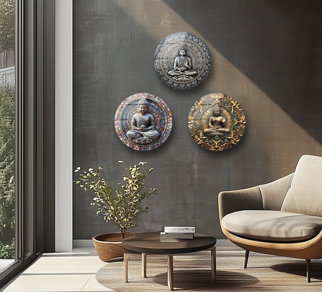Tranquil Enlightenment – Buddha Mandala Round Glass Wall Art Set
