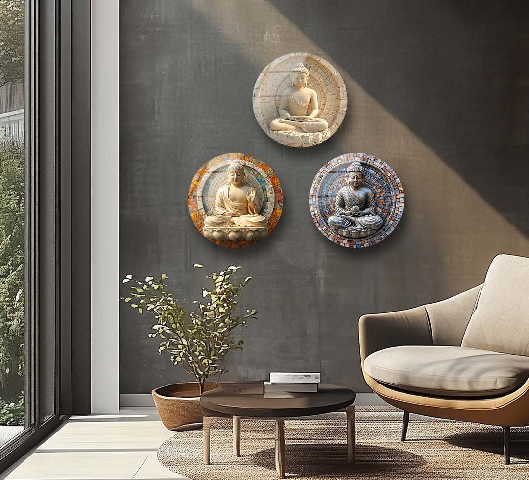 Tranquil Enlightenment – Buddha Mosaic Round Glass Wall Art Set