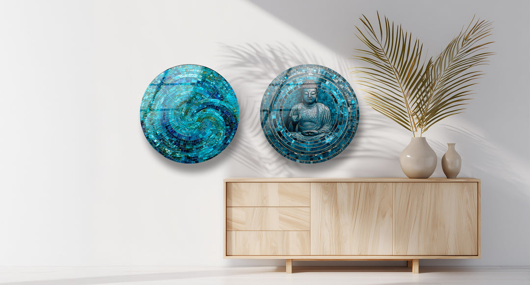 Tranquil Reflections Trio – Blue Mosaic & Buddha Round Glass Wall Art Set