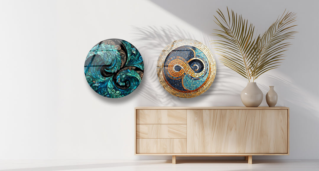 Ocean Harmony Quartet – Abstract Swirl Mosaic Round Glass Wall Art Set