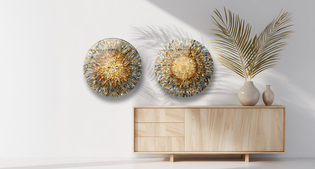 Golden Radiance Quartet – Sunburst Mosaic Round Glass Wall Art Set