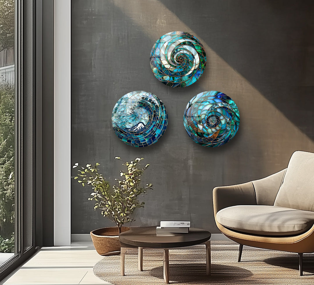 Aqua Spiral Essence – Abstract Ocean Mosaic Round Glass Wall Art Set