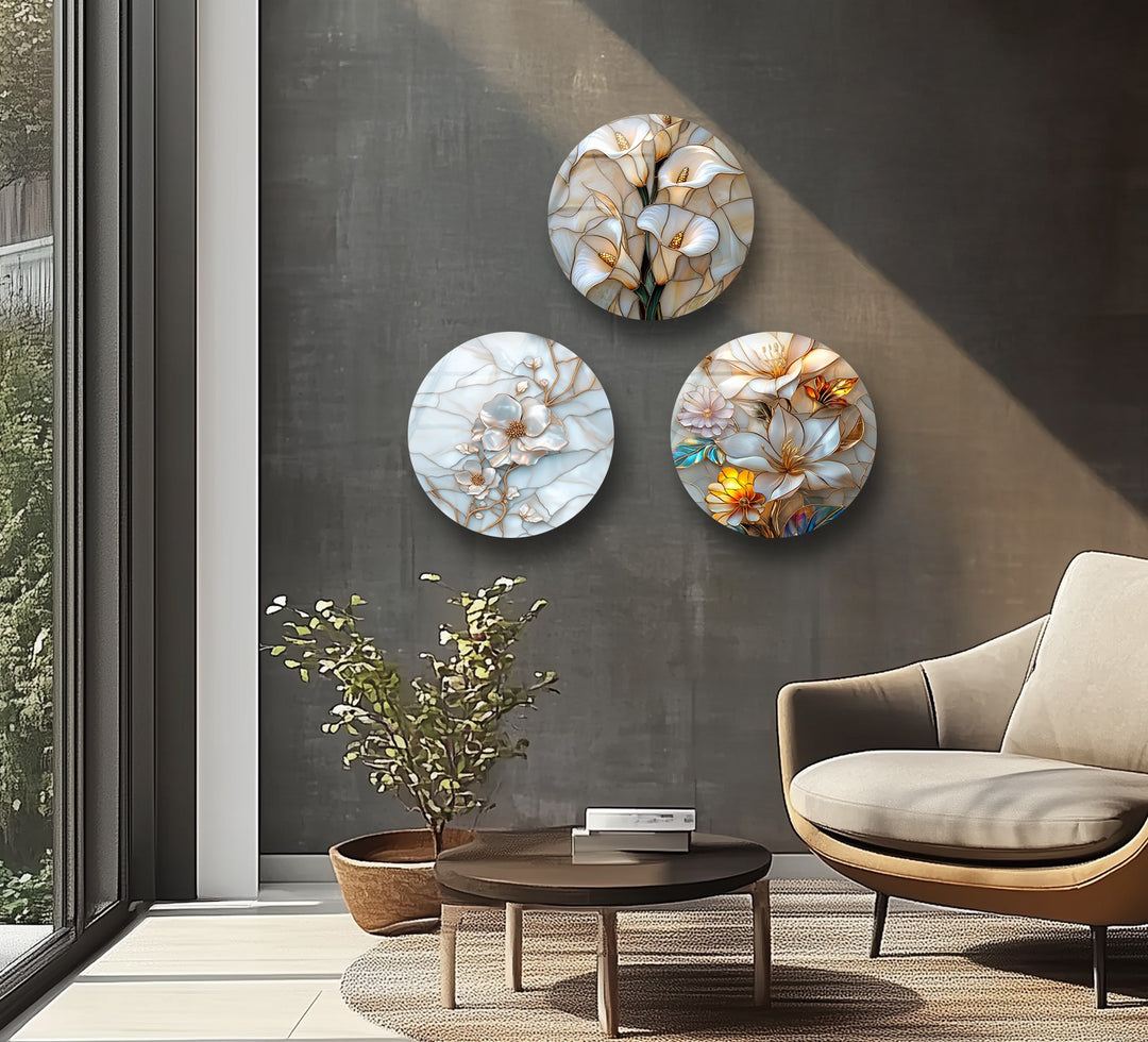 Golden Blossom Harmony – Elegant Floral Round Glass Wall Art Set