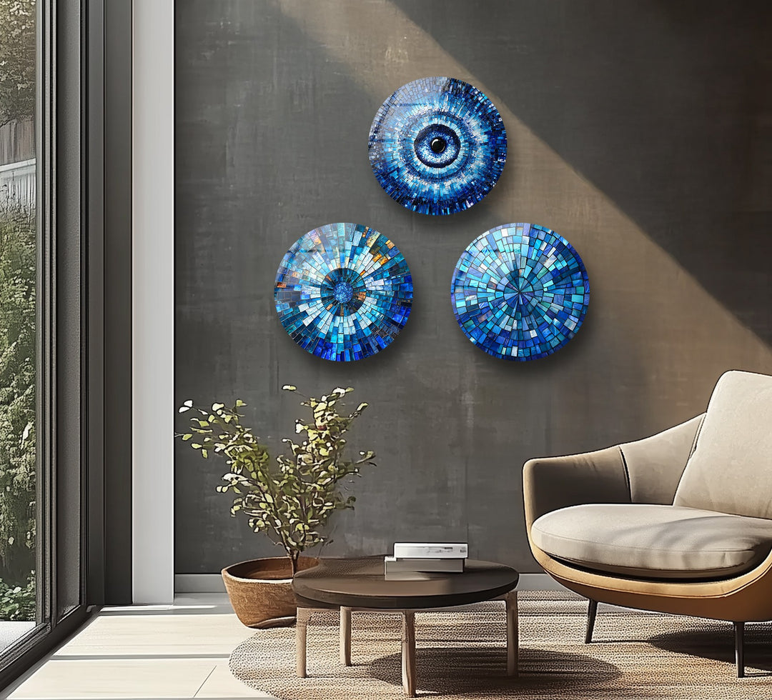 Blue Mosaic Harmony – Evil Eye Inspired Round Glass Wall Art Set