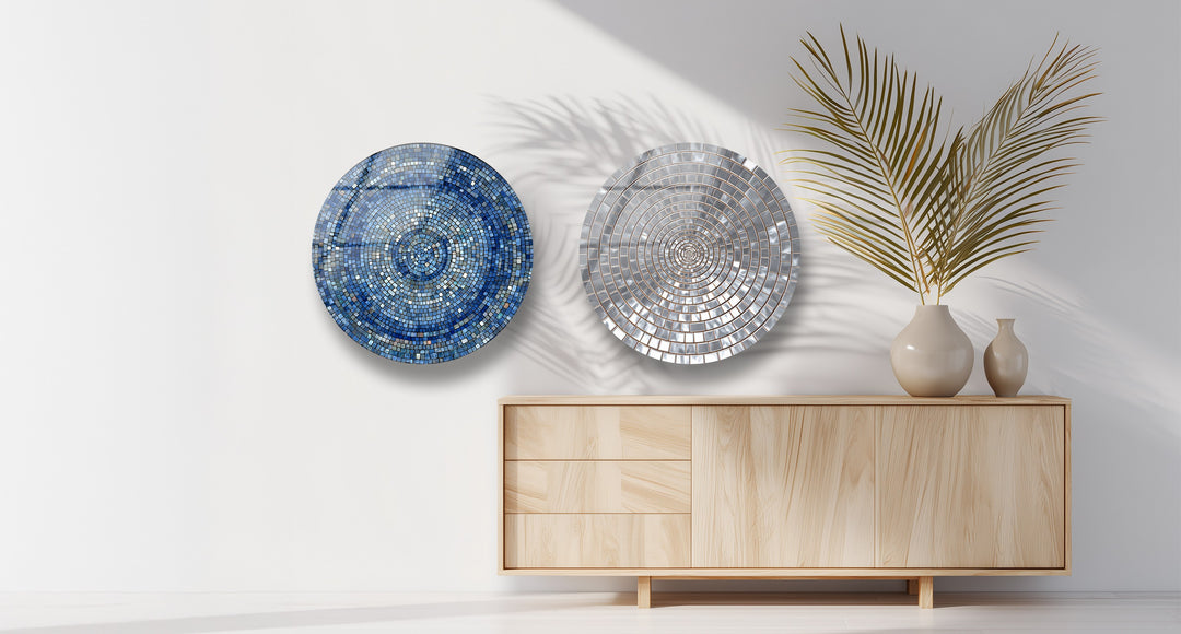 Radiant Reflections Trio – Gold & Silver Mosaic Round Glass Wall Art Set