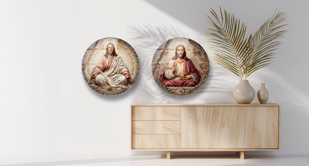 Sacred Grace Collection – Jesus Christ Mosaic Round Glass Wall Art Set