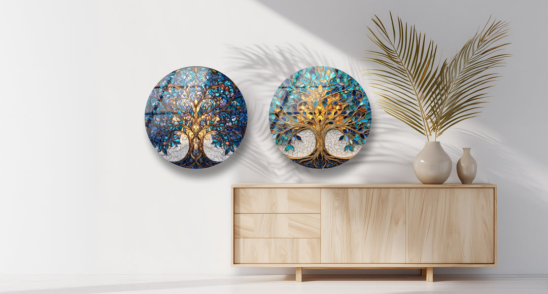 Golden Harmony Trees – Round Glass Wall Art Set