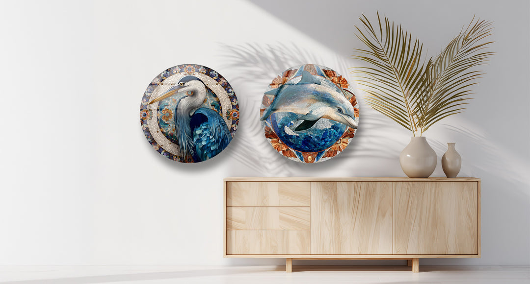 Oceanic Harmony Trio – Dolphin & Heron Mosaic Round Glass Wall Art Set