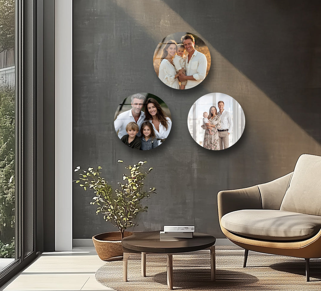Personalized Family Photo Round Glass Wall Art Set – Custom Modern Design