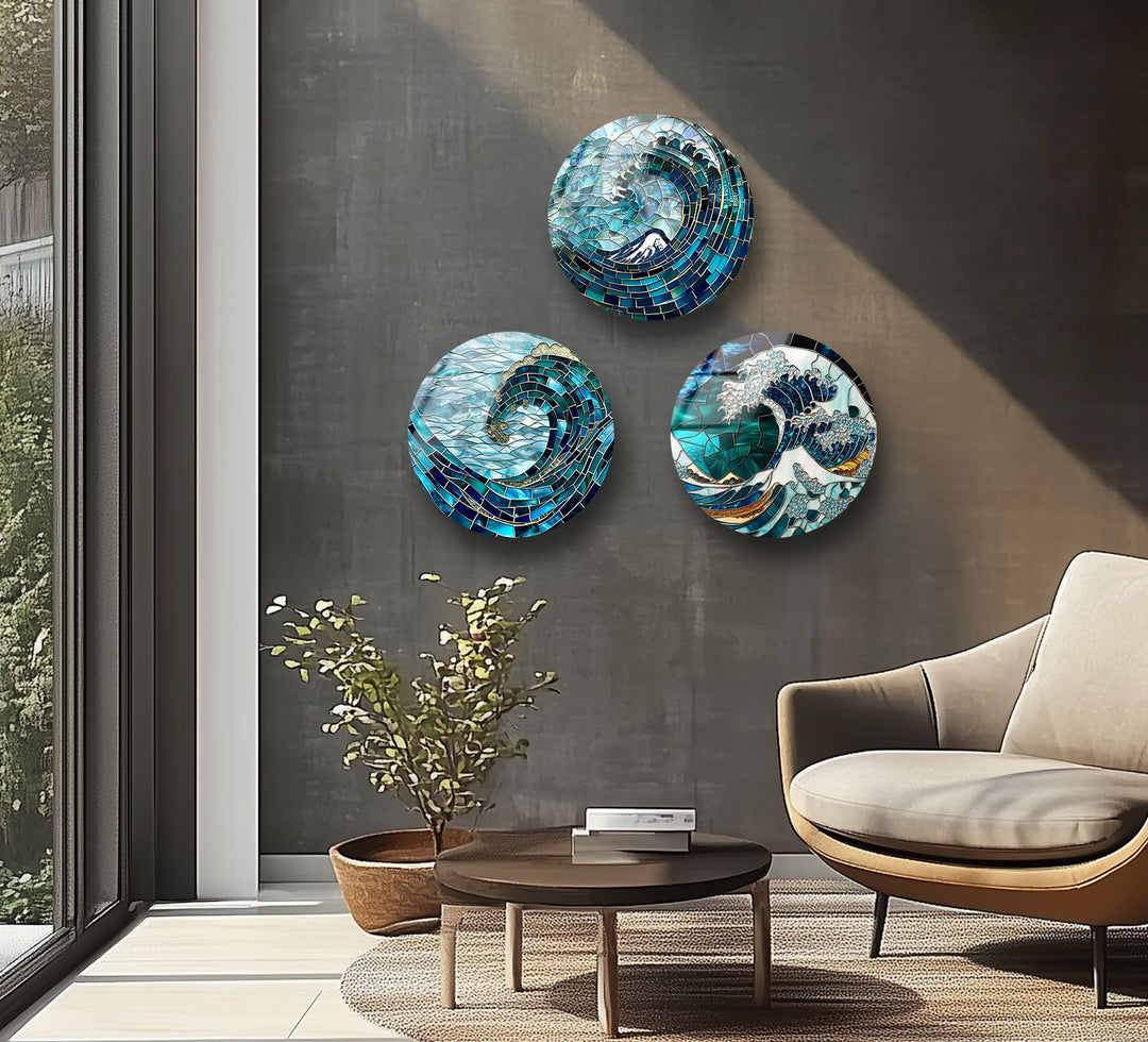 Oceanic Waves – Mosaic Sea-Inspired Round Glass Wall Art Set