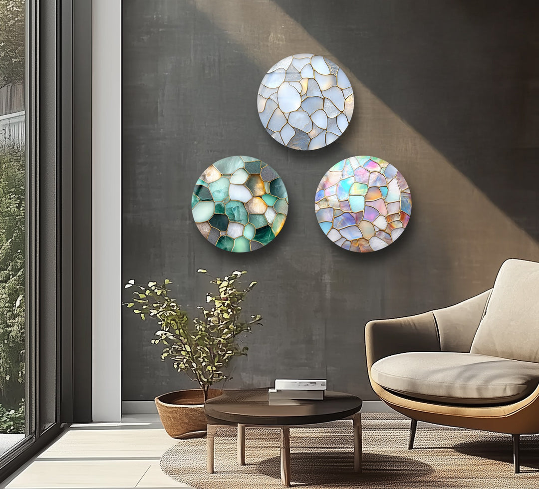 Serene Glow – Ocean Pebble Mosaic Round Glass Wall Art Set