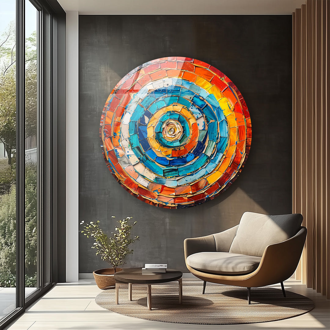 Radiant Vortex – Abstract Circular Mosaic Round Glass Wall Art