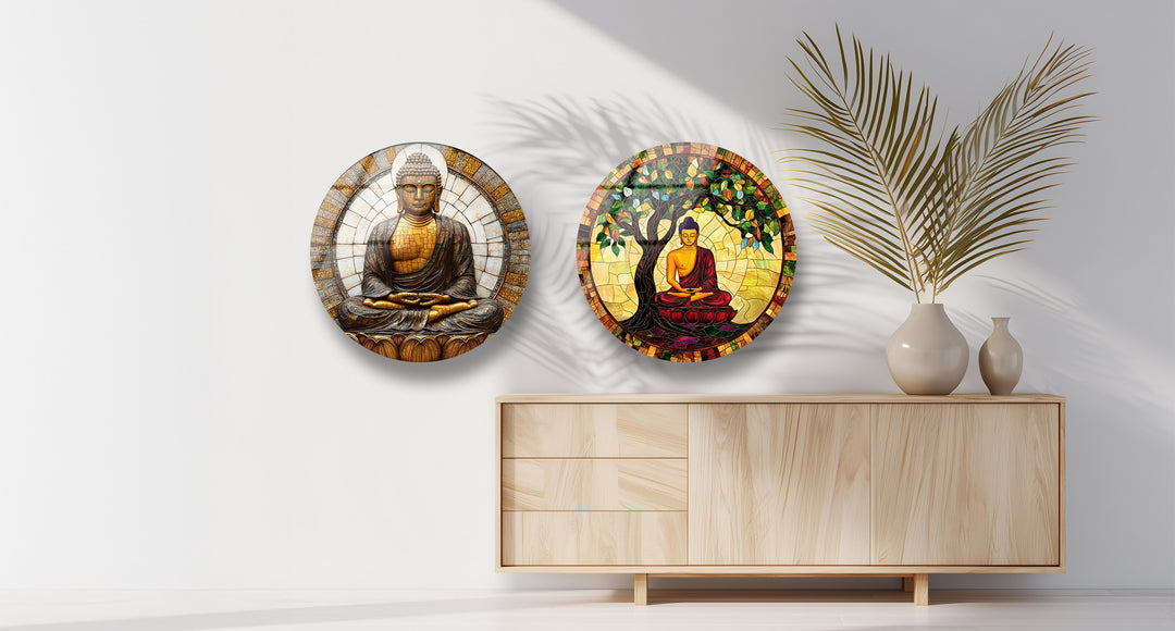 Serene Enlightenment Set – Buddha Mosaic Round Glass Wall Art Collection